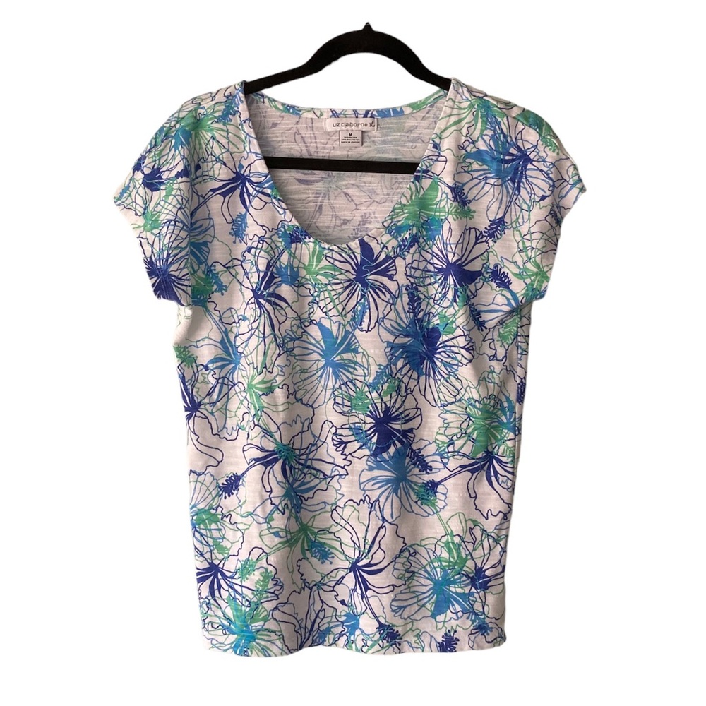 Liz Claiborne women’s short sleeve abstract floral print blue and green …